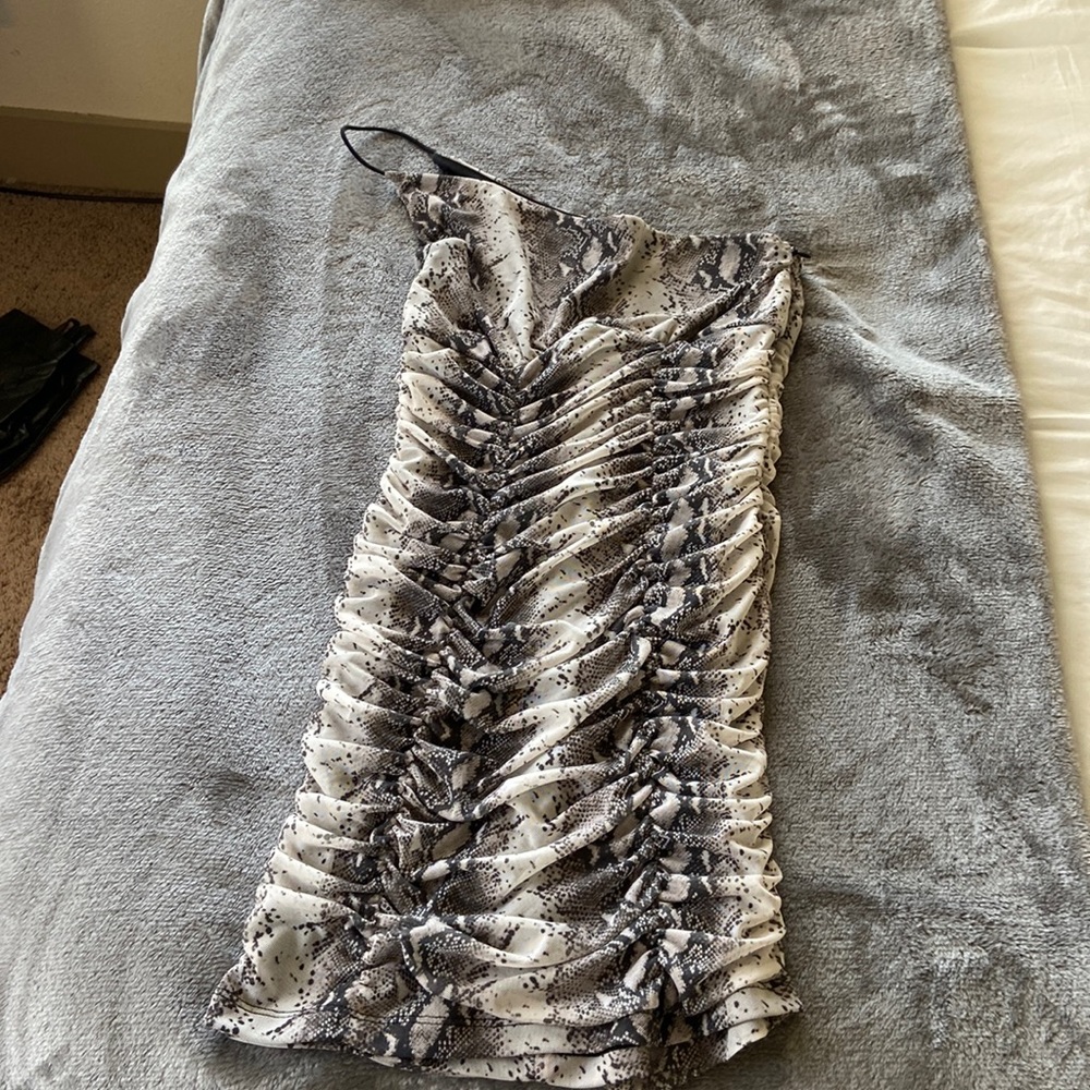 One Shoulder Snakeskin Dress Rusched